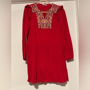 Red Long Sleeve Embroidered V-Neck Dress